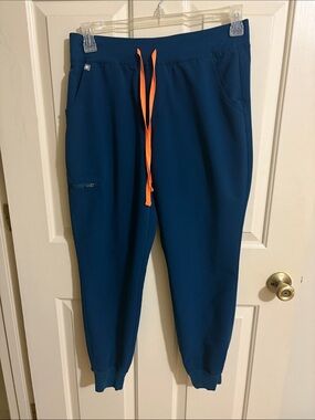 Figs Blue Jogger Scrubs Bottoms with Orange Drawstring size Medium